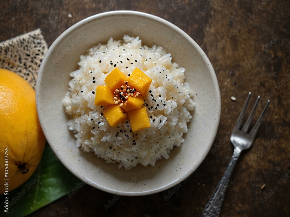 Top view of Thai mango sticky rice sprinkled with sesame seeds.