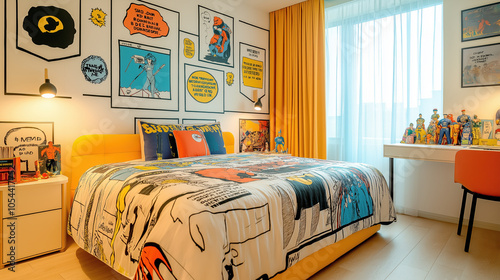 Vibrant superhero-themed bedroom with comic art and collectibles