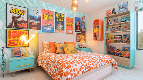 Vibrant comic-inspired kids bedroom with colorful decor and superhero posters