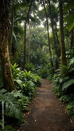 Tropical forest path with lush greenery.