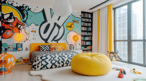 Vibrant superhero-themed kids bedroom with cartoon decor and playful atmosphere