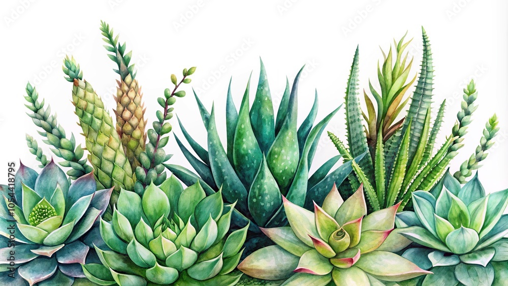 Obraz premium Watercolor clipart set of succulents and aloe vera