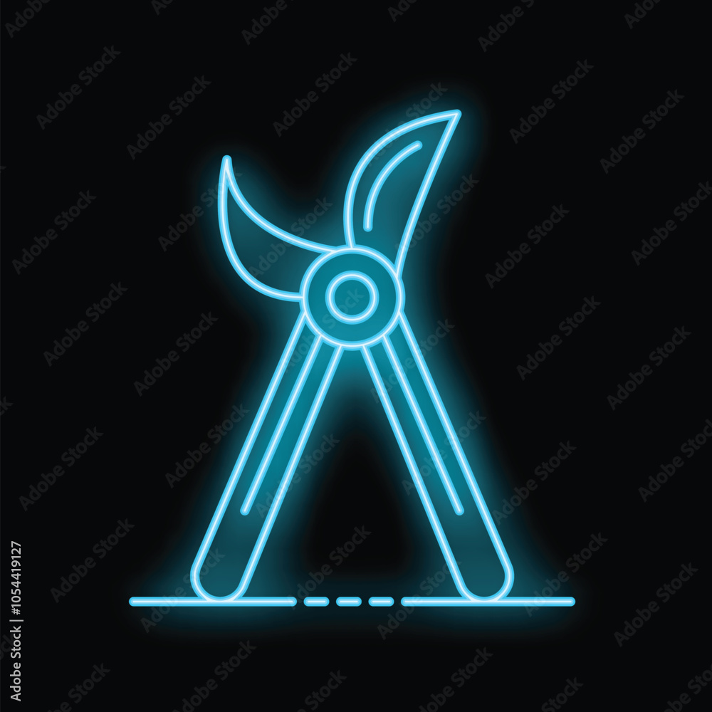 Glowing neon line gardening scissors icon on a black background. Pruning shears symbol illustration Glowing neon line gardening scissors icon on a black background. Pruning shears symbol illustration