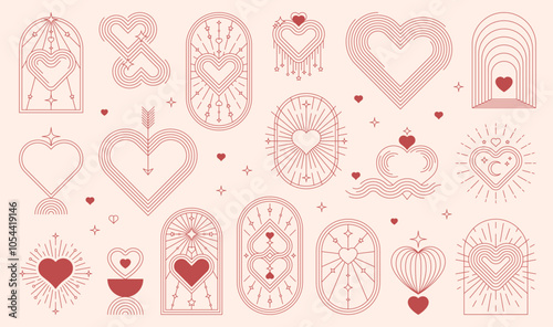 Boho Valentine celestial and mystic icons, esoteric symbols of heart and arrows in arch frames. Vector line boho Valentine love hearts, stars, moon and sun with abstract geometric aesthetic pattern