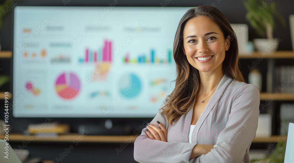 A confident young businesswoman smiles in front of a large screen displaying various data charts and graphs. A confident young businesswoman smiles in front of a large screen displaying various data charts and graphs.