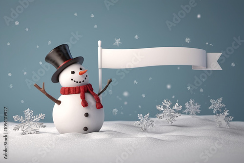 Cute snowman wish merry christmas in snowy winter photo