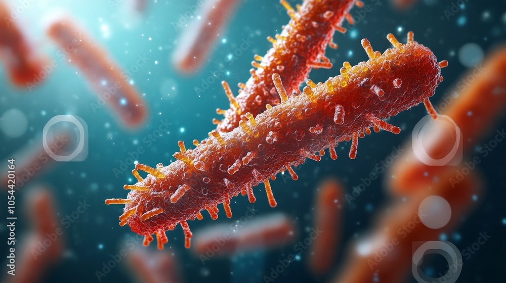 Illustration highlighting vibrant red bacteria with textured surfaces and intricate details, blending artistic and scientific elements fluidly. Illustration highlighting vibrant red bacteria with textured surfaces and intricate details, blending artistic and scientific elements fluidly.