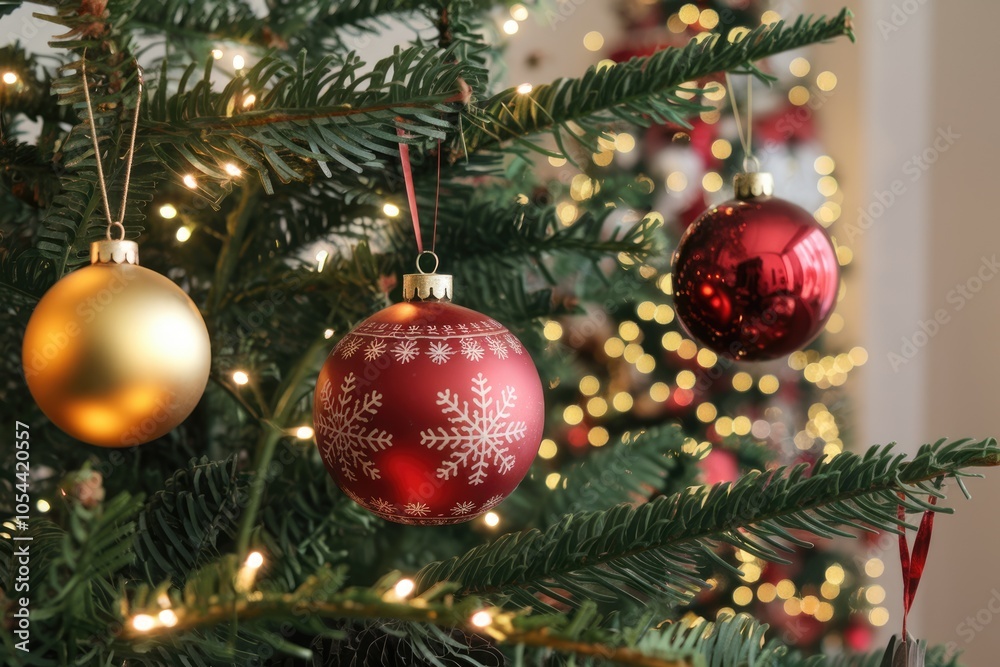 Fototapeta premium Christmas tree adorned with red and gold ornaments twinkling lights.