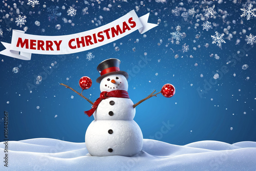 Cute snowman wish merry christmas in snowy winter photo