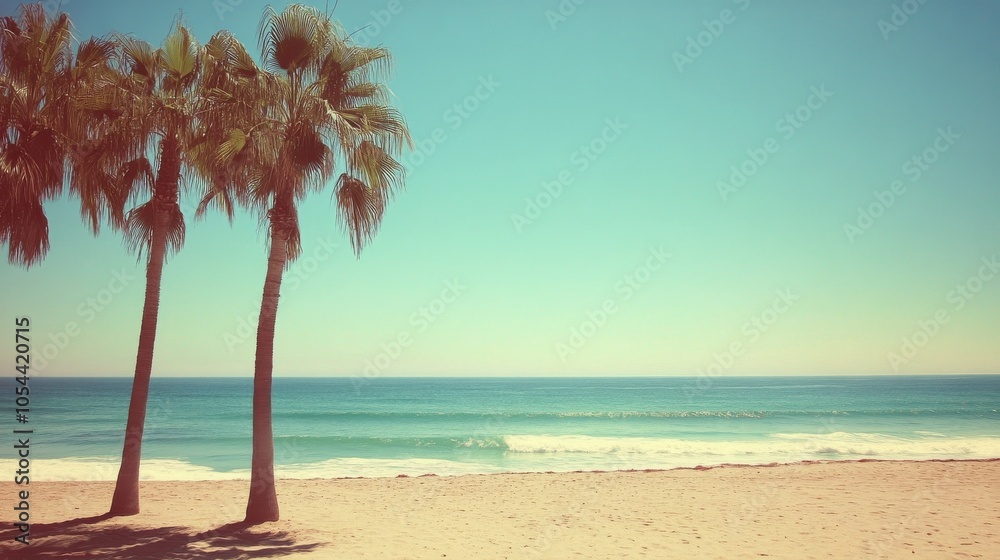 Fototapeta premium Palm trees stand on a sandy beach facing the serene ocean under a clear sky during daylight