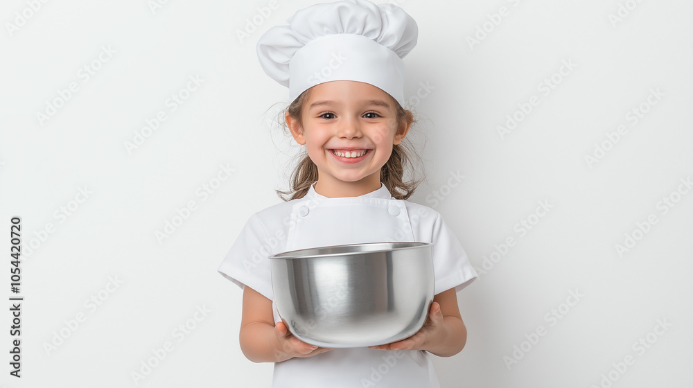 Happy young girl in chef hat holding metal bowl, symbolizing childhood cooking, culinary learning, baking, food preparation, and joyful kitchen experiences in white background. Happy young girl in chef hat holding metal bowl, symbolizing childhood cooking, culinary learning, baking, food preparation, and joyful kitchen experiences in white background.