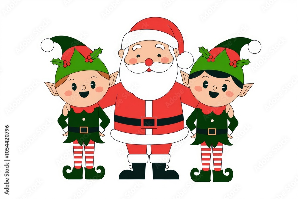 Santa Claus with two elves in festive attire ready for Christmas. Santa Claus with two elves in festive attire ready for Christmas.
