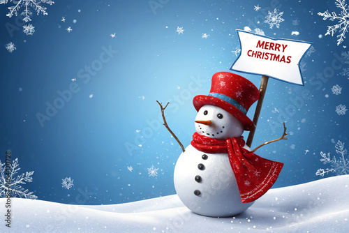 Cute snowman wish merry christmas in snowy winter photo