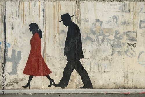 Silhouette of a man watching a woman walking away through a dark corridor photo