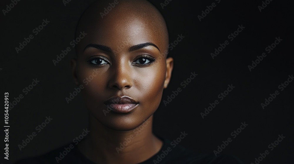 Fototapeta premium Portrait of a dark-skinned woman suffering from cancer after severe hair loss due to chemotherapy treatment