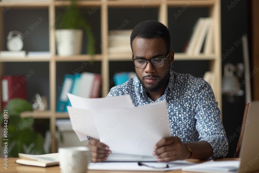 Focused serious African American businessman reviewing documents in a modern office during the afternoon Focused serious African American businessman reviewing documents in a modern office during the afternoon