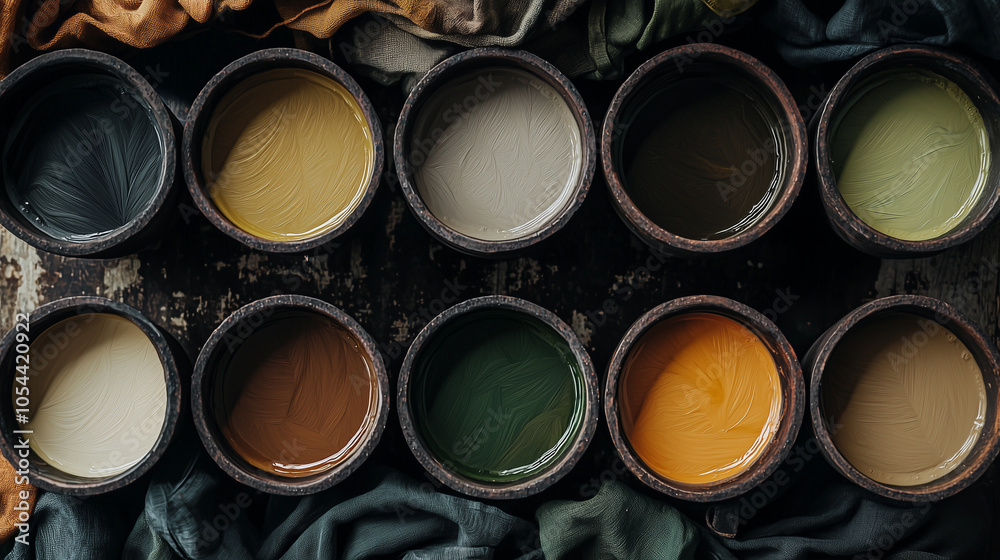Top View of Natural Dye Pots and Textured Surface Top View of Natural Dye Pots and Textured Surface
