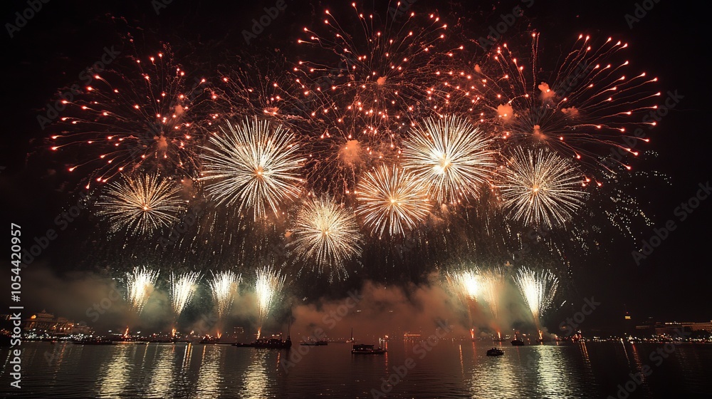 Fototapeta premium Fireworks light up the night sky over the Chao Phraya River in Bangkok, Thailand, as people celebrate New Year's Day.