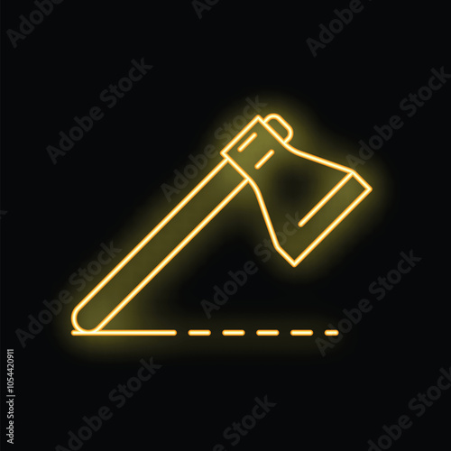 Yellow neon axe breaking wood with glowing line on black background, concept of woodworking or lumberjack