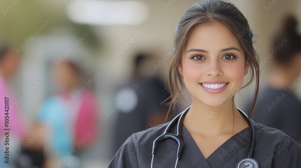 A smiling young woman in scrubs stands confidently in a medical facility A smiling young woman in scrubs stands confidently in a medical facility