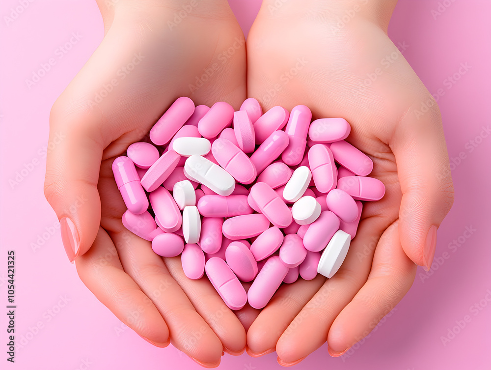 Pink Pills and Capsules in Hands for Wellness and Beauty Care Pink Pills and Capsules in Hands for Wellness and Beauty Care