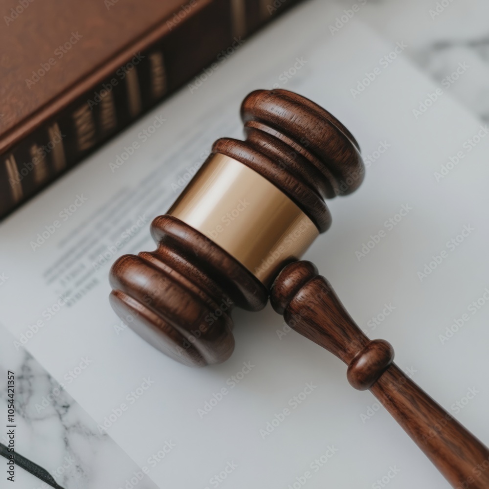 A wooden gavel resting on a document, symbolizing justice and law. A wooden gavel resting on a document, symbolizing justice and law.