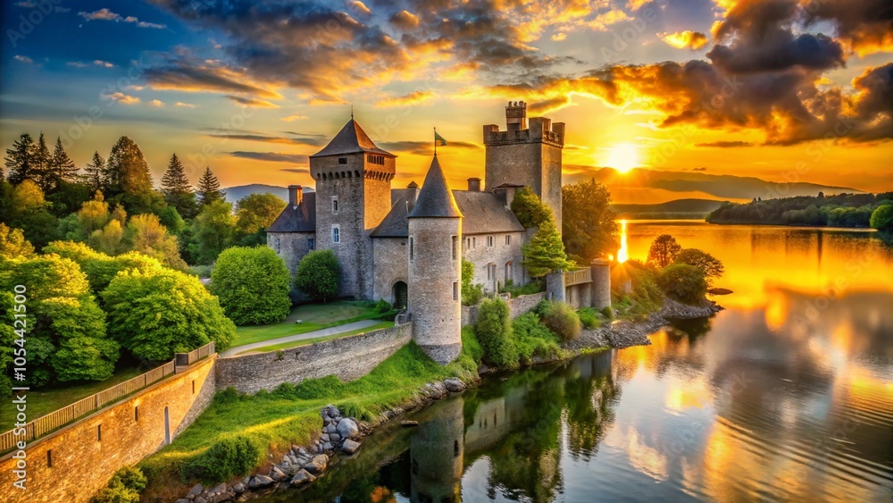 Sunset Over Ancient Castle By Lake Sunset Over Ancient Castle By Lake