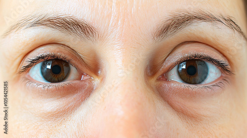 A close-up view of human eyes with visible details, highlighting natural skin texture and slight under-eye circles