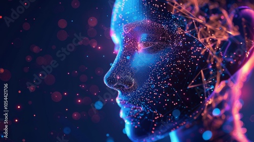 Artificial intelligence concept showing a human face made of particles and connected by glowing lines, emerging from a colorful and futuristic data cloud