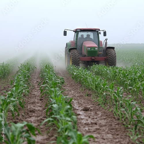 A tractor working in a foggy cornfield during farming activities.