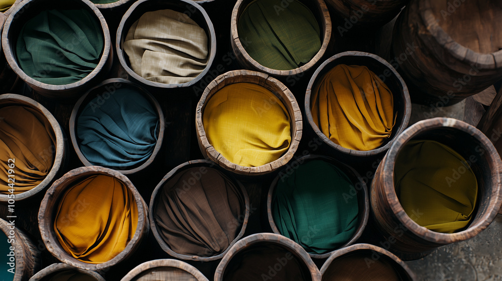 Top View of Natural Dye Pots and Textured Surface Top View of Natural Dye Pots and Textured Surface