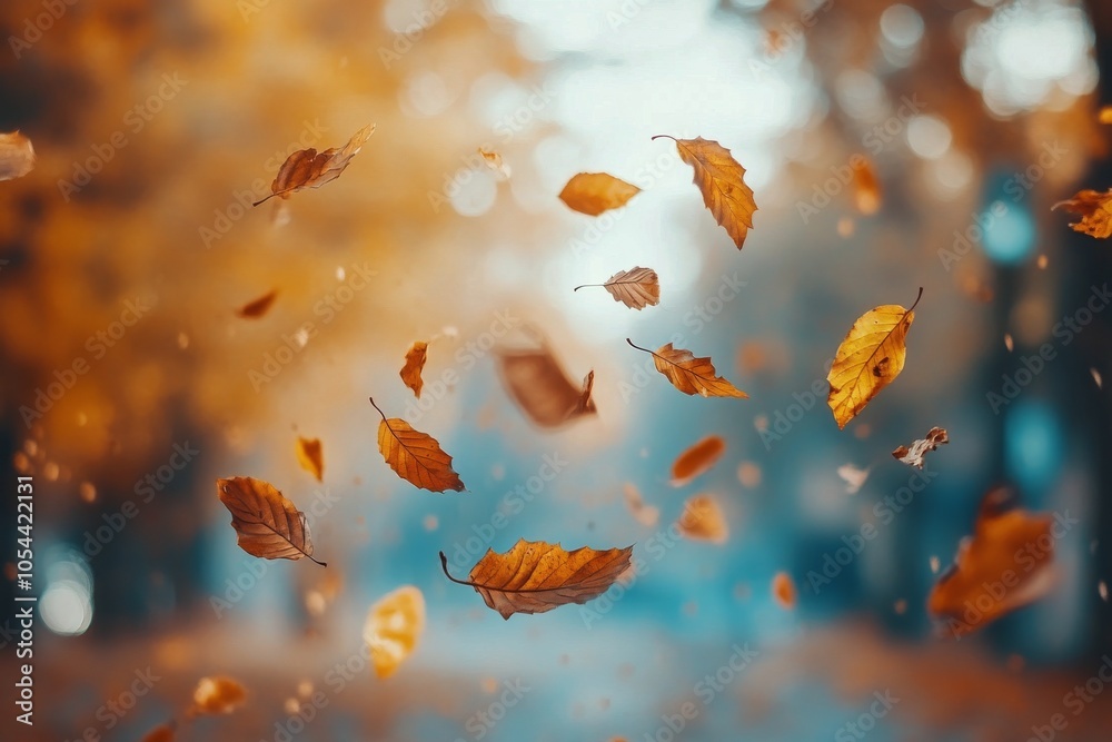 Autumn leaves falling over a serene lake in the mountains during a sunny afternoon in October Autumn leaves falling over a serene lake in the mountains during a sunny afternoon in October