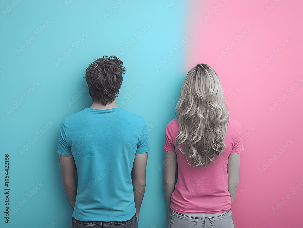 Playful Modern Couple Back View in Colorful Pastel Fashion Studio Photography Playful Modern Couple Back View in Colorful Pastel Fashion Studio Photography