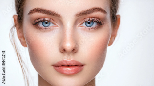 A close-up portrait of a young woman with a flawless complexion, showcasing her green eyes, full lips, and natural freckles