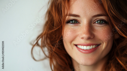 Close-up portrait of a young woman with a radiant smile and glowing skin. Her natural beauty shines through as she exudes happiness and confidence