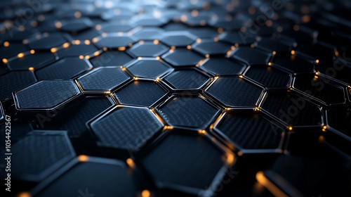 Abstract digital hexagon mesh with a smooth metallic finish and glowing edges