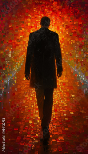 Silhouetted man walking down a vibrant mosaic path under warm glowing lights, evoking mystery and contemplation