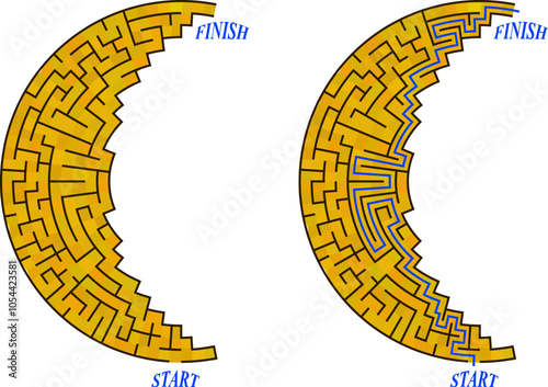 Maze inside the shape of crescent. Simple line not full moon labirinth with entrance and exit. Solution included