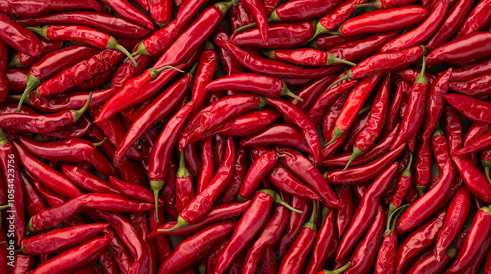 Close-up of many red chili peppers in full frame, representing spiciness, hot food, flavor, culinary ingredients, organic produce, health benefits, and vibrant color in culinary concept. Close-up of many red chili peppers in full frame, representing spiciness, hot food, flavor, culinary ingredients, organic produce, health benefits, and vibrant color in culinary concept.