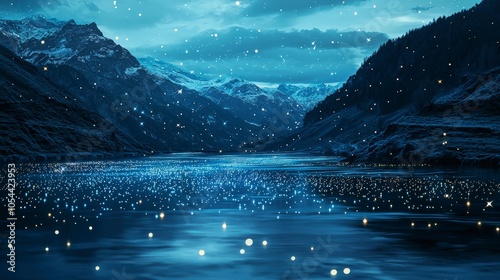 A tranquil mountain river under a starry night sky, with reflections of the shimmering light echoing the serene beauty of an untouched, peaceful landscape.