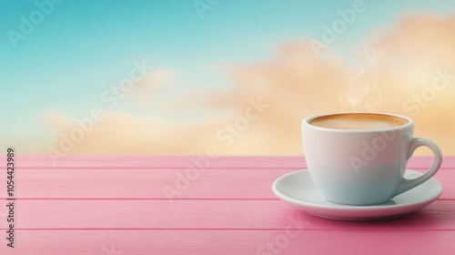 A steaming cup of coffee sits on a pastel colored table with a serene backdrop