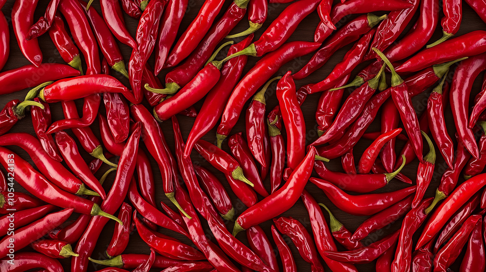 Close-up of many red chili peppers in full frame, representing spiciness, hot food, flavor, culinary ingredients, organic produce, health benefits, and vibrant color in culinary concept. Close-up of many red chili peppers in full frame, representing spiciness, hot food, flavor, culinary ingredients, organic produce, health benefits, and vibrant color in culinary concept.