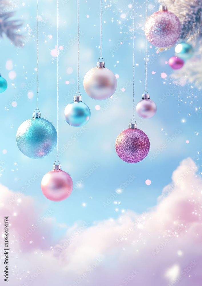 Pastel-coloured Christmas baubles hanging against a serene cloudy background, evoking a soft, festive charm. Pastel-coloured Christmas baubles hanging against a serene cloudy background, evoking a soft, festive charm.