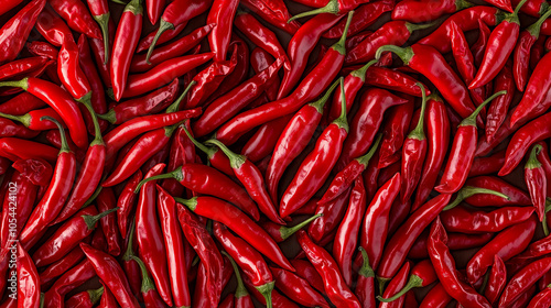 Close-up of many red chili peppers in full frame, representing spiciness, hot food, flavor, culinary ingredients, organic produce, health benefits, and vibrant color in culinary concept.