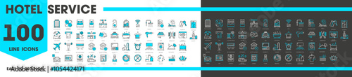 Hotel service line icons of room amenities and facilities for guest hosting and booking, vector pictograms. Hotel or apartment accommodation service icons of hotel amenities for web or app symbols