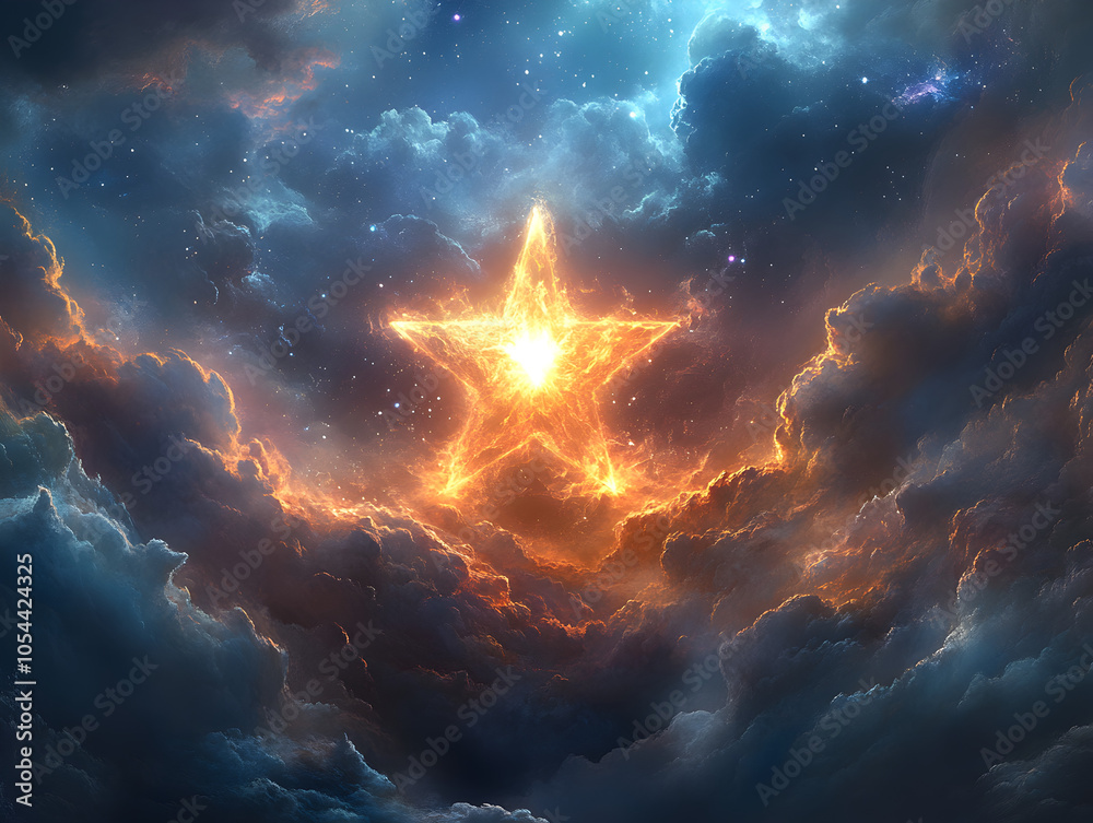 Glowing Star Above Colorful Clouds in a Mystical Night Sky