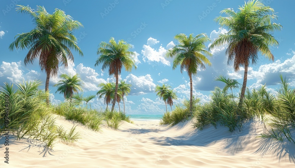 Palm Trees and Sandy Beach Leading to Ocean Palm Trees and Sandy Beach Leading to Ocean