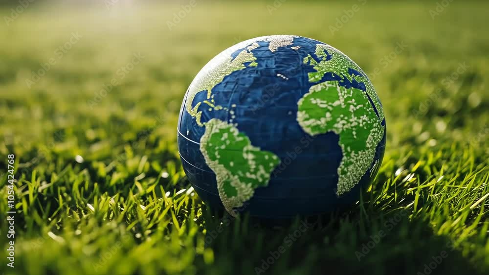 A blue and green globe rests in a patch of lush green grass A blue and green globe rests in a patch of lush green grass