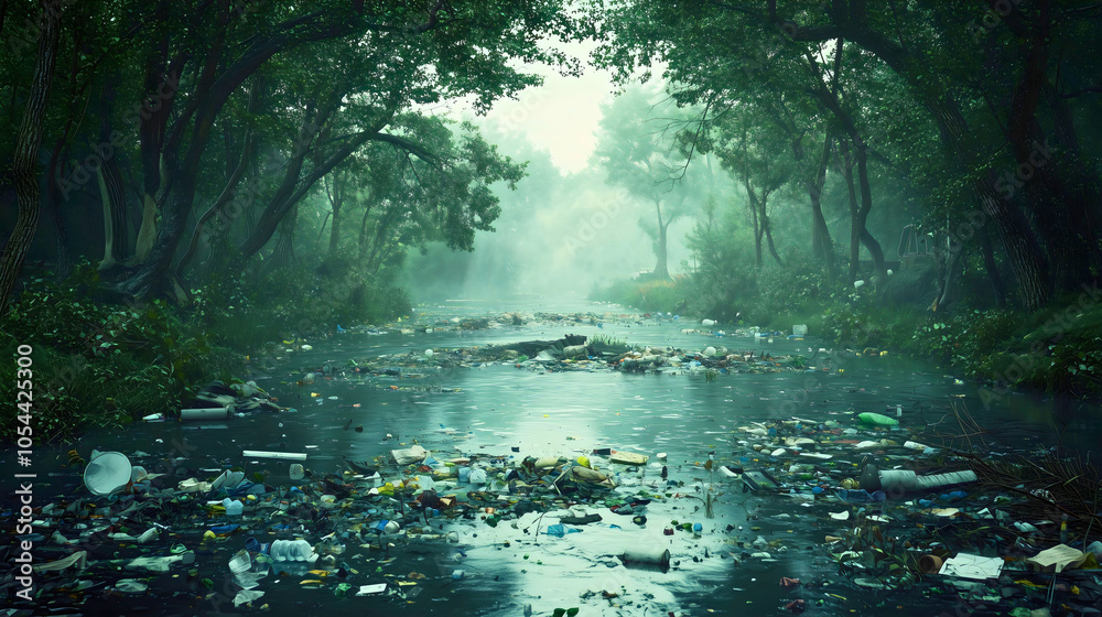 An ecological disaster of a once-beautiful forest river, now polluted with various plastic and aluminum waste, the river covered in garbage and debris. An ecological disaster of a once-beautiful forest river, now polluted with various plastic and aluminum waste, the river covered in garbage and debris.