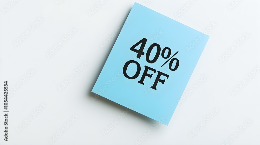 Black '40% OFF' Text on a Light Blue Square Paper Note. White Background with Copy Space Black '40% OFF' Text on a Light Blue Square Paper Note. White Background with Copy Space
